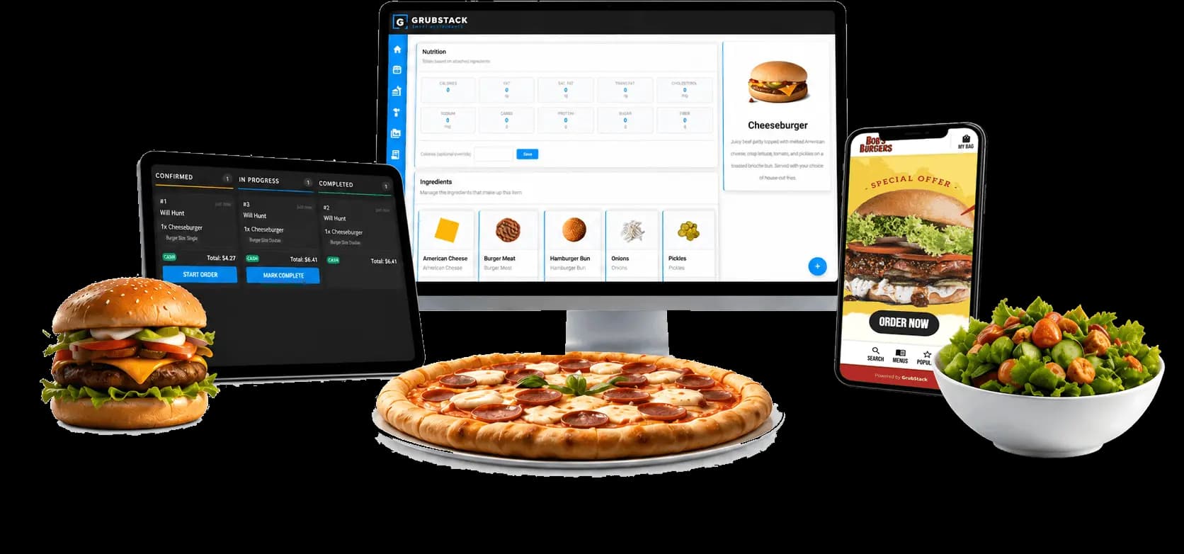 GrubStack's terminal app on a tablet, the dashboard on a desktop monitor, and the ordering app on a phone